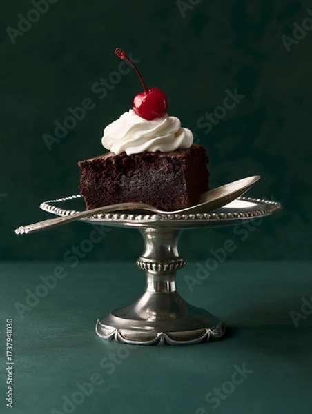 Obraz A refined studio food photography shot featuring a decadent chocolate brownie elegantly placed in a silver dessert dish. The brownie is styled with a dollop of whipped cream and topped with a glossy r
