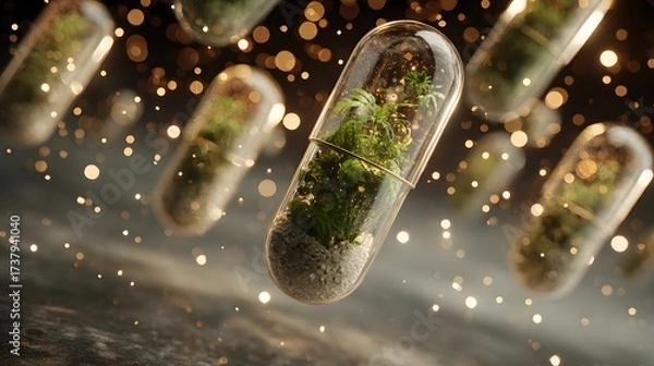 Obraz Transparent capsules filled with botanical elements floating in a d...