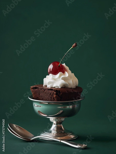 Obraz A refined studio food photography shot featuring a decadent chocolate brownie elegantly placed in a silver dessert dish. The brownie is styled with a dollop of whipped cream and topped with a glossy r