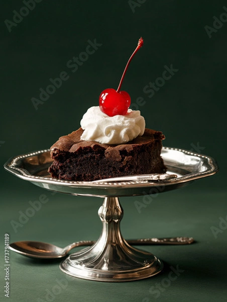 Obraz A refined studio food photography shot featuring a decadent chocolate brownie elegantly placed in a silver dessert dish. The brownie is styled with a dollop of whipped cream and topped with a glossy r