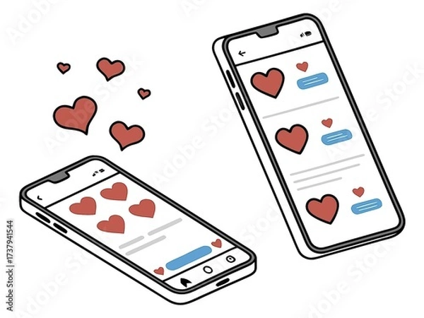 Fototapeta vector Correspondence on the phone with hearts, Valentine's Day