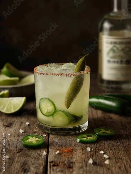 Obraz A chilled margarita in a clear rocks glass, rimmed with chili powder, filled with a pale green cocktail. A full dill pickle spear stands upright inside the drink, next to floating jalapeño slices and 