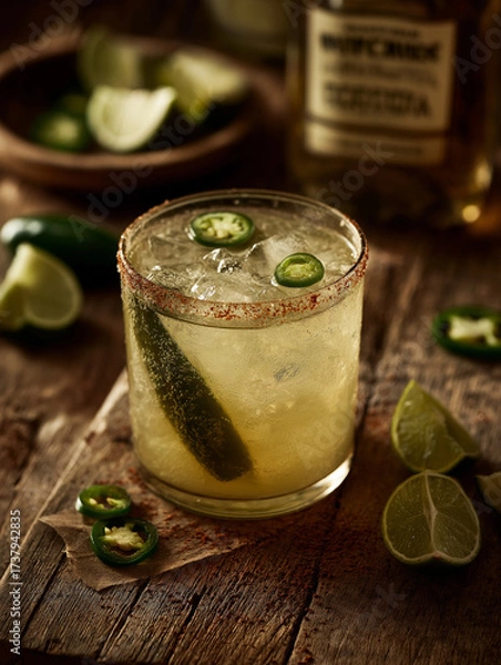 Obraz A chilled margarita in a clear rocks glass, rimmed with chili powder, filled with a pale green cocktail. A full dill pickle spear stands upright inside the drink, next to floating jalapeño slices and 