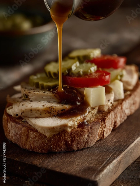 Obraz Open-face turkey sandwich on a rustic toasted bun, topped with fresh tomato slices and a thick layer of crunchy dill pickle chips. saturated Orange Sauce is being dispensed mid-motion, sauce mid-pour 