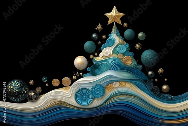 Obraz abstract christmas tree. Christmas tree in snowy mountains, glowing lights create romantic holiday and New Year mood.