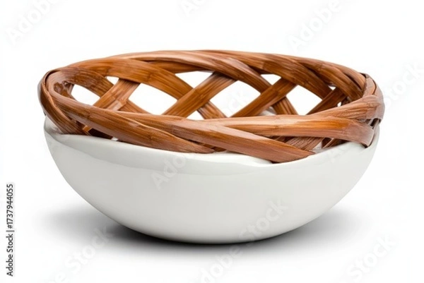 Obraz Elegant White Bowl with Intricate Woven Bamboo Rim for Serving and Display in Kitchen and Dining Settings