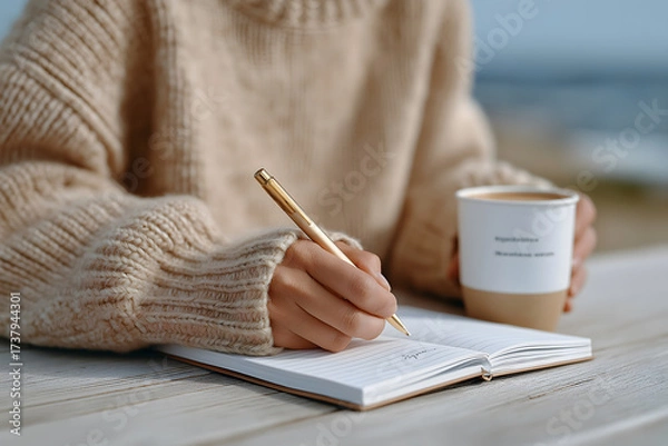 Fototapeta Mental wellness, minimalist, calm: Woman, lost in thought, in relaxed lifestyle moment, writing in her notebook with ocean background and feeling peaceful