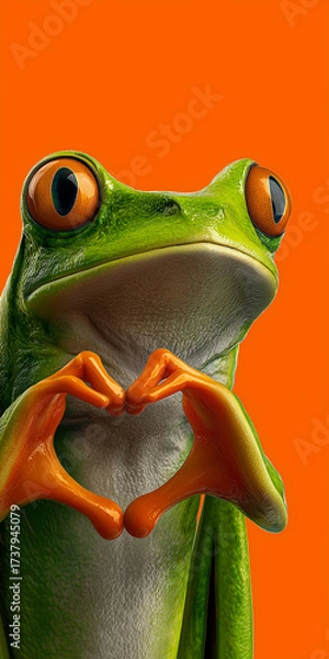 Obraz Vertical image, portrait of a smiling cute green tree frog looking at camera with big eyes and making a heart shape with its hands, isolated on yellow-orange background with copy space. Generative Ai.