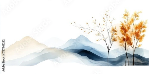 Obraz Serene Abstract Mountains with Soft Pastel Tones and Golden Autumn Trees in Minimalist Style