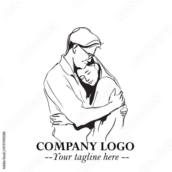 Fototapeta Black and White Couple Woman and Man Hug Together Silhouette Illustration in Minimalist Vector Style