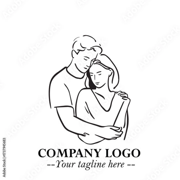 Fototapeta Black and White Couple Woman and Man Hug Together Silhouette Illustration in Minimalist Vector Style