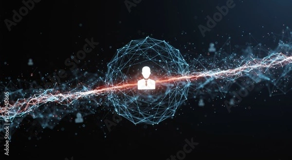 Fototapeta User icon within global network sphere connected by abstract data lines. Concept of human resource, social and business connections.