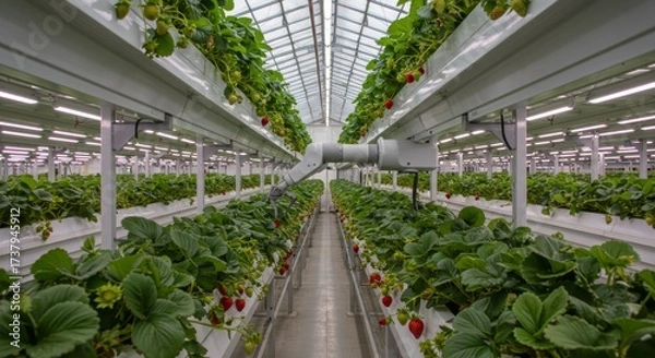 Fototapeta Robotic arm harvesting strawberries in a hydroponic greenhouse. Automated agriculture technology for sustainable food production.