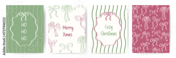 Fototapeta Christmas hand drawn border frames. Vector illustration of whimsical lines, bows, ribbons and pattern. Minimalist holiday design for invitation, poster, greeting card.