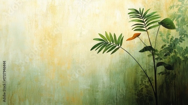 Obraz Beautiful minimalist illustration of green leaves on soft textured background with warm golden tones and subtle gradients