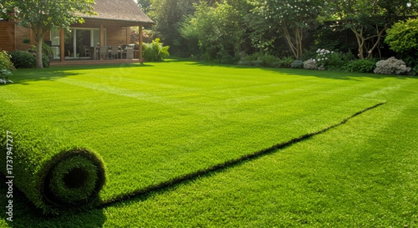 Fototapeta Roll of artificial turf being laid on a lawn in front of a modern house, showing installation of synthetic grass for landscaping.