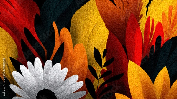 Fototapeta Vibrant abstract illustration of autumn leaf and flower in warm hue. colorful background evoking cozy and dramatic seasonal feeling