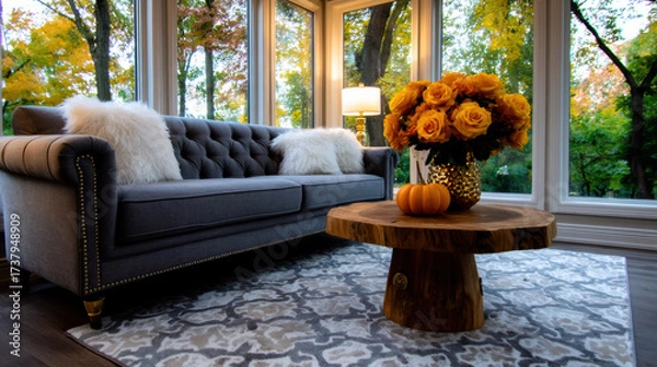 Fototapeta Cozy autumn living room with grey couch, wooden coffee table, and pumpkin next to flower arrangement creating warm, inviting feeling