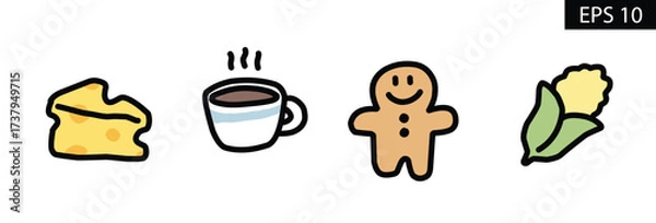 Fototapeta Set of cartoon icons representing food and drinks including cheese, coffee, gingerbread man, and corn on the cob