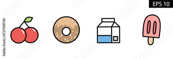 Fototapeta Colorful Icon Set Cherries, Donut, Milk, and Popsicle Line Art