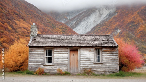 Fototapeta Rustic wooden cabin, an abandoned historic house in serene autumn mountain landscape. Colorful fall foliage scenery in Arrowtown, New Zealand