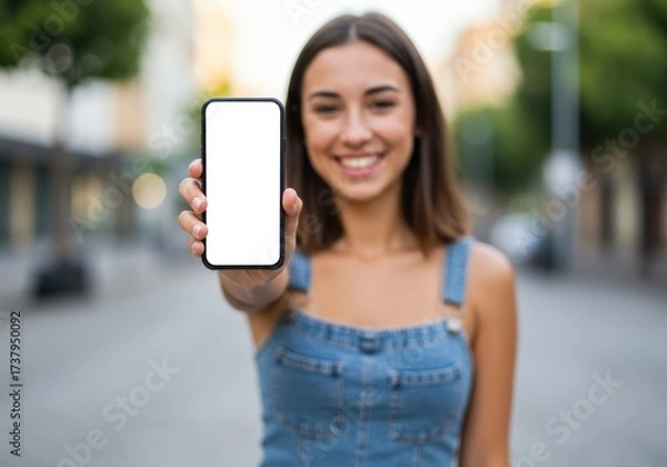 Fototapeta Woman holding a smartphone with a blank screen outdoors