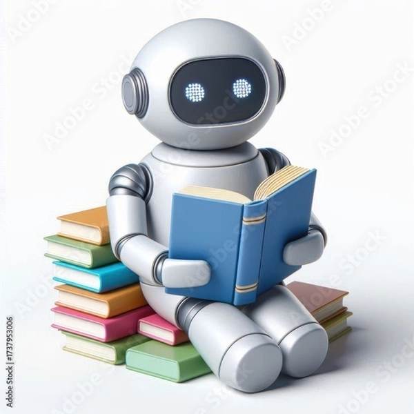 Fototapeta 3d Ai Robot Reading Books. Machine Learning and Artificial Intelligence education Concept icon on white background.