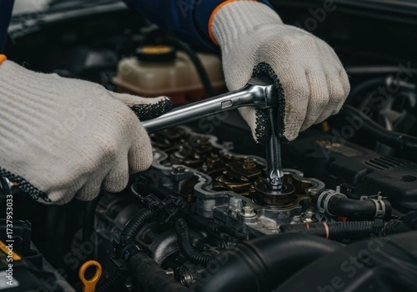 Fototapeta Mechanic working on a car engine