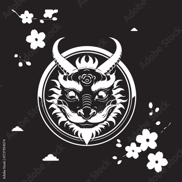 Obraz Illustration of a head of a DRAGON Is white on black background and enclosed in a circle with appropriate Asian elements 