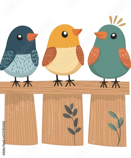 Fototapeta Three charming cartoon birds perched on a wooden fence, isolated on transparent background, creating a whimsical and delightful scene full of character and charm
