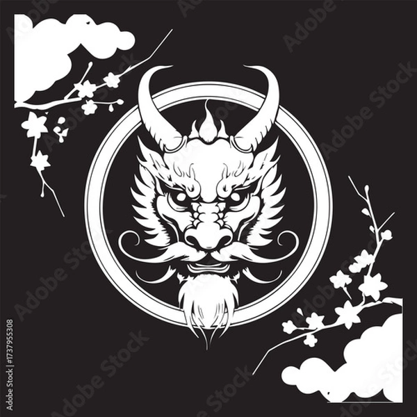 Obraz Illustration of a head of a DRAGON Is white on black background and enclosed in a circle with appropriate Asian elements 