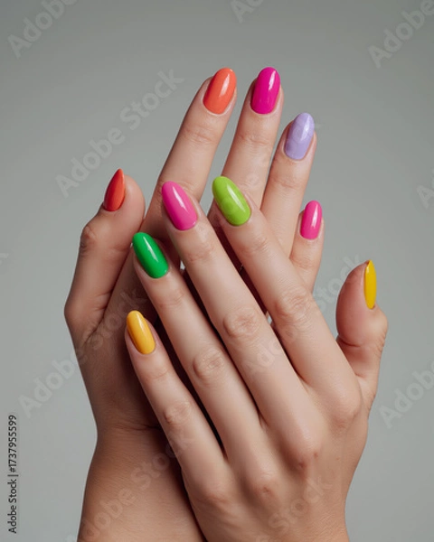 Obraz Colorful manicure showcasing vibrant nail designs on hands against a neutral background