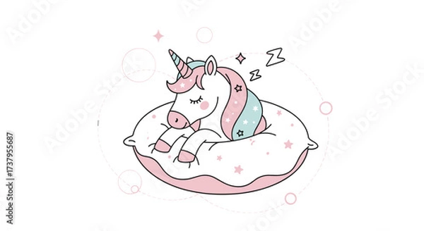 Fototapeta A cute sleepy unicorn resting on a soft pillow with stars.