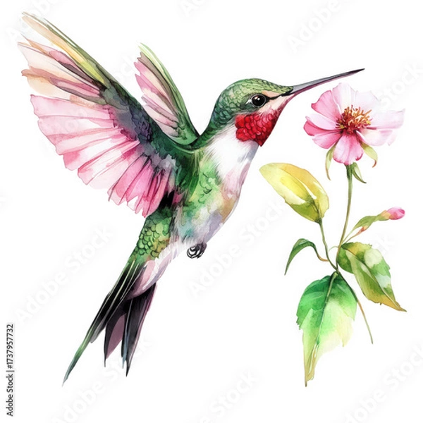 Fototapeta Watercolor painting of a hummingbird hovering near a pink flower, isolated on transparent background, showcasing its vibrant colors and delicate details in flight