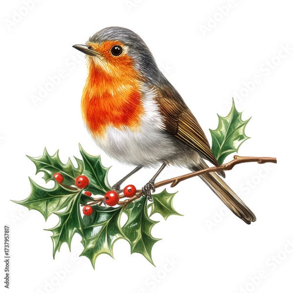 Fototapeta Detailed illustration of a robin perched on a holly branch with red berries isolated on transparent background, showcasing winter and christmas themes