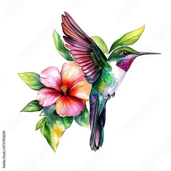 Fototapeta Watercolor painting of a hummingbird with a hibiscus flower, isolated on transparent background, showcasing its vibrant colors and intricate details in a tropical setting
