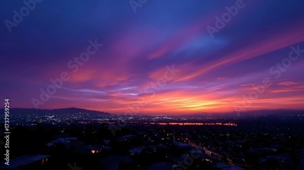 Fototapeta Breathtaking view of a vibrant sunset over the cityscape, with colorful clouds and lights illuminating the urban landscape below