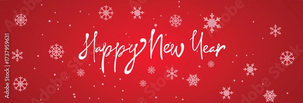 Obraz A vibrant vector banner in bright red, featuring handwritten "Happy New Year" wishes and delicate snowflakes on the background. This festive design is perfect for seasonal promotions or greetings.