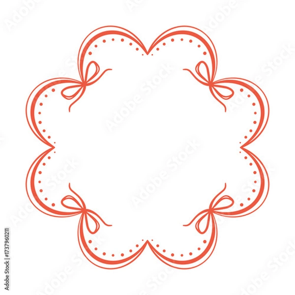 Fototapeta Charming Red Bow Frame with Heart border. Cute hand drawn ribbon bowknots for vintage wedding cards, romantic invitations, scrapbook and decorative design isolated