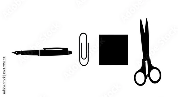 Fototapeta Minimalist Black Office Stationery Icons Isolated on White Background. Pen, Paperclip, Notebook, Scissors.