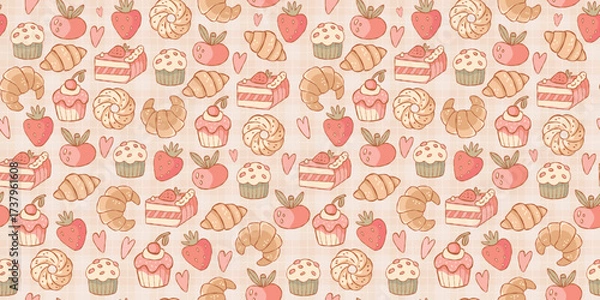 Fototapeta Cute Doodle Dessert Seamless Pattern on pastel background. Modern design in vector. Great for kids fabric, kitchen textiles