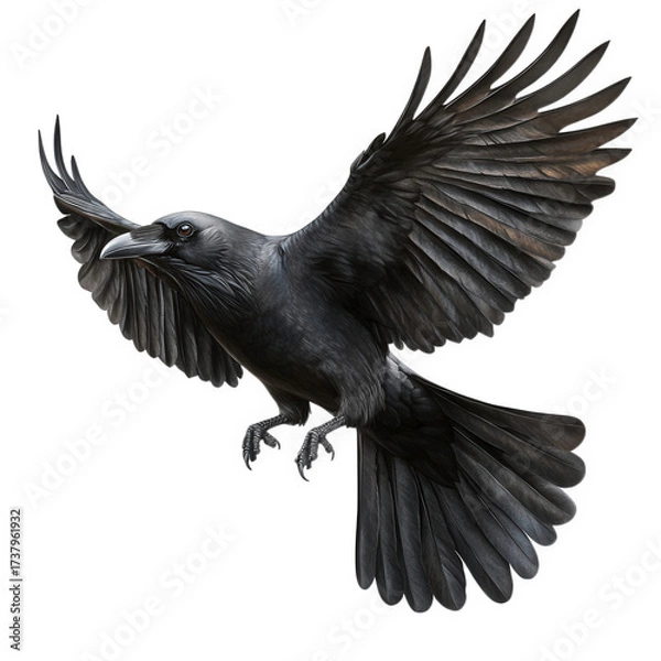 Fototapeta Dramatic closeup of a crow in flight, isolated on transparent background, wings spread wide, showcasing its powerful form and intense gaze against a stark backdrop