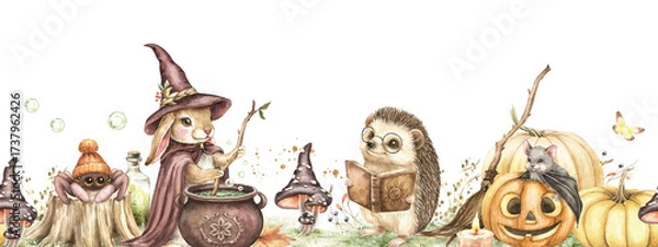 Fototapeta Wizard school watercolor seamless border with sorcerer bunny, hedgehog with book, cute spider, bat, autumn pumpkins, vintage cauldron, witch broom. Hand drawn Halloween illustration isolated on white.