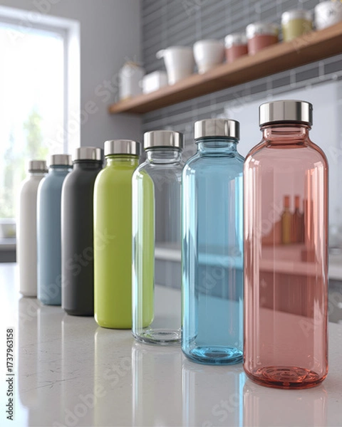 Obraz Reusable water bottles displayed on a kitchen counter in a modern home setting with natural light coming in through a window
