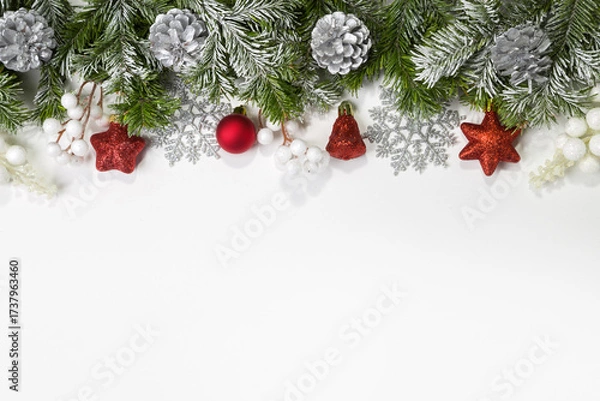 Fototapeta Christmas card with fir branches and Christmas decorations
