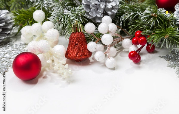 Fototapeta Christmas card with fir branches and Christmas decorations