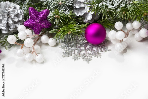 Obraz Christmas card with fir branches and Christmas decorations