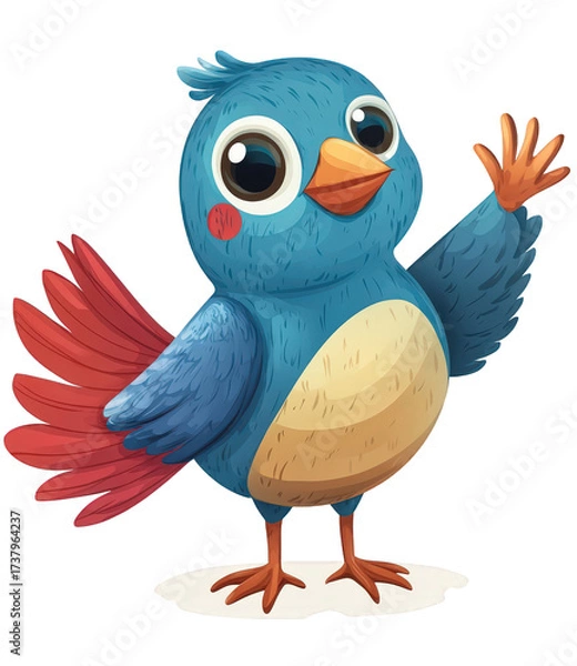 Fototapeta Cheerful blue bird waving its wing, isolated on transparent background the cartoon bird has a red wing, orange hand, and a cute face with big eyes and a smile