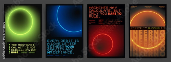 Fototapeta Cyberpunk Circle Glow Dark Poster Templates with Techno Type. Neon Orbital Gradient Layouts