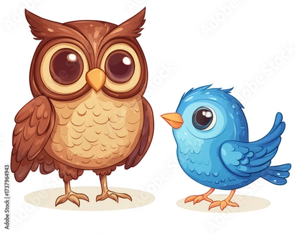 Fototapeta Cartoon illustration of a wiselooking brown owl standing next to a cute blue bird, isolated on transparent background, showcasing a charming animal duo
